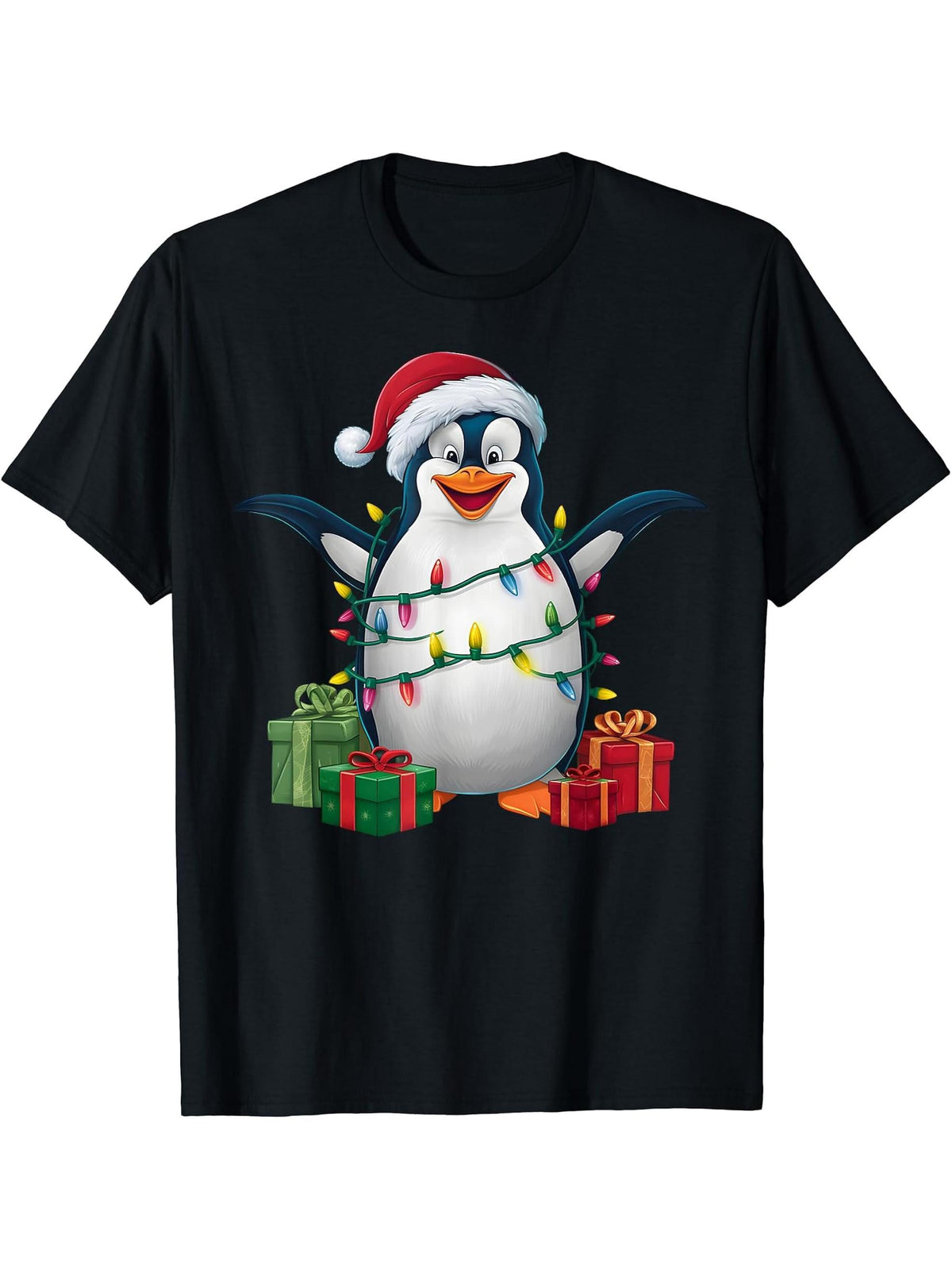Penguin Xmas Lighting Santa Hat Emperor Penguin Christmas T-Shirt 180G 100% Cotton Printed Round Neck Short-Sleeve T-Shirt, Gifts for Men Dad Husband Grandpa, S-XXXL, Black