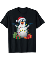 Penguin Xmas Lighting Santa Hat Emperor Penguin Christmas T-Shirt 180G 100% Cotton Printed Round Neck Short-Sleeve T-Shirt, Gifts for Men Dad Husband Grandpa, S-XXXL, Black