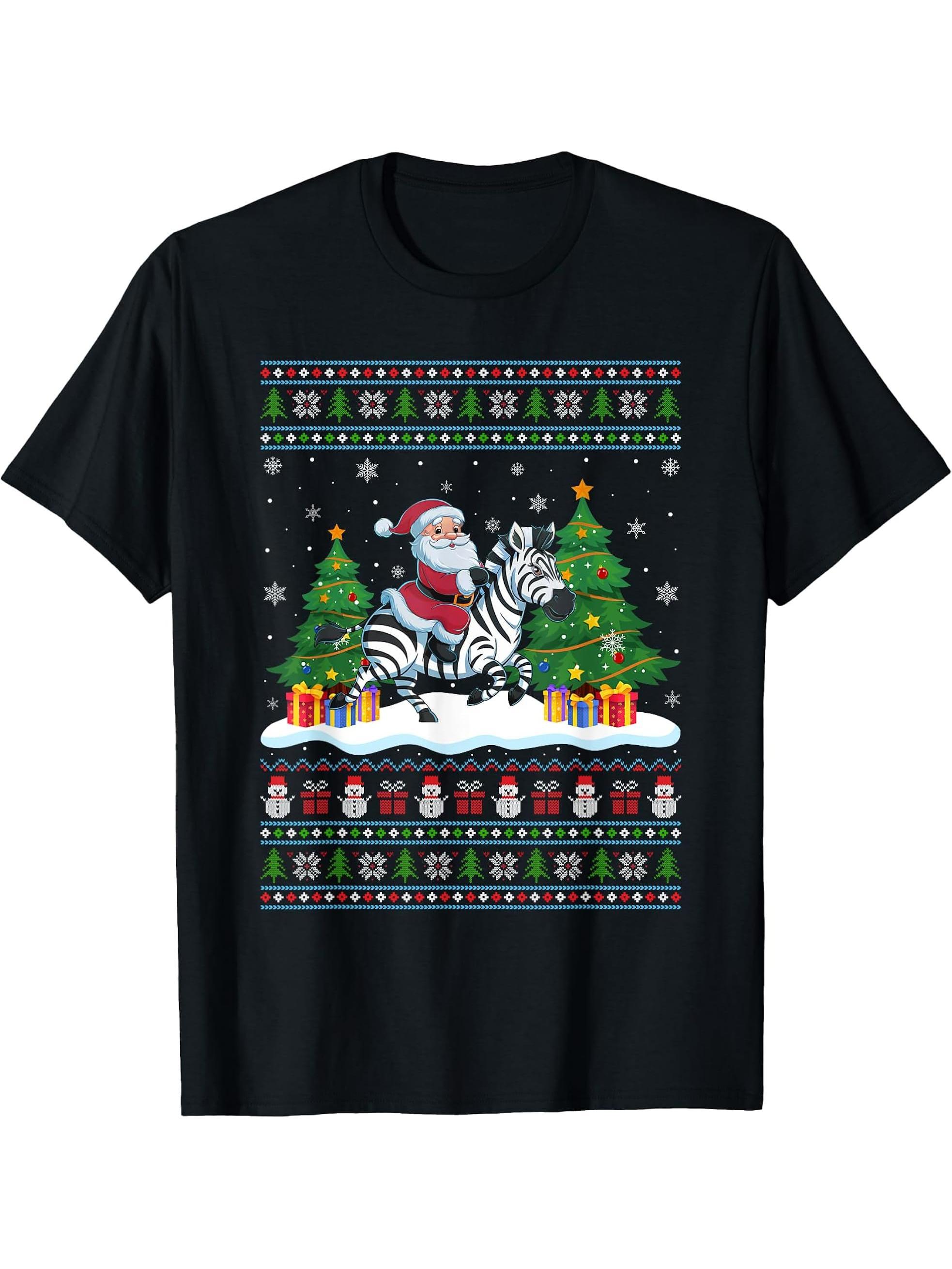 Santa Riding Zebra Tree Lights Ugly Christmas Sweater T-Shirt 180G 100% Cotton Printed Round Neck Short-Sleeve T-Shirt, Gifts for Men Dad Husband Grandpa, S-XXXL, Black