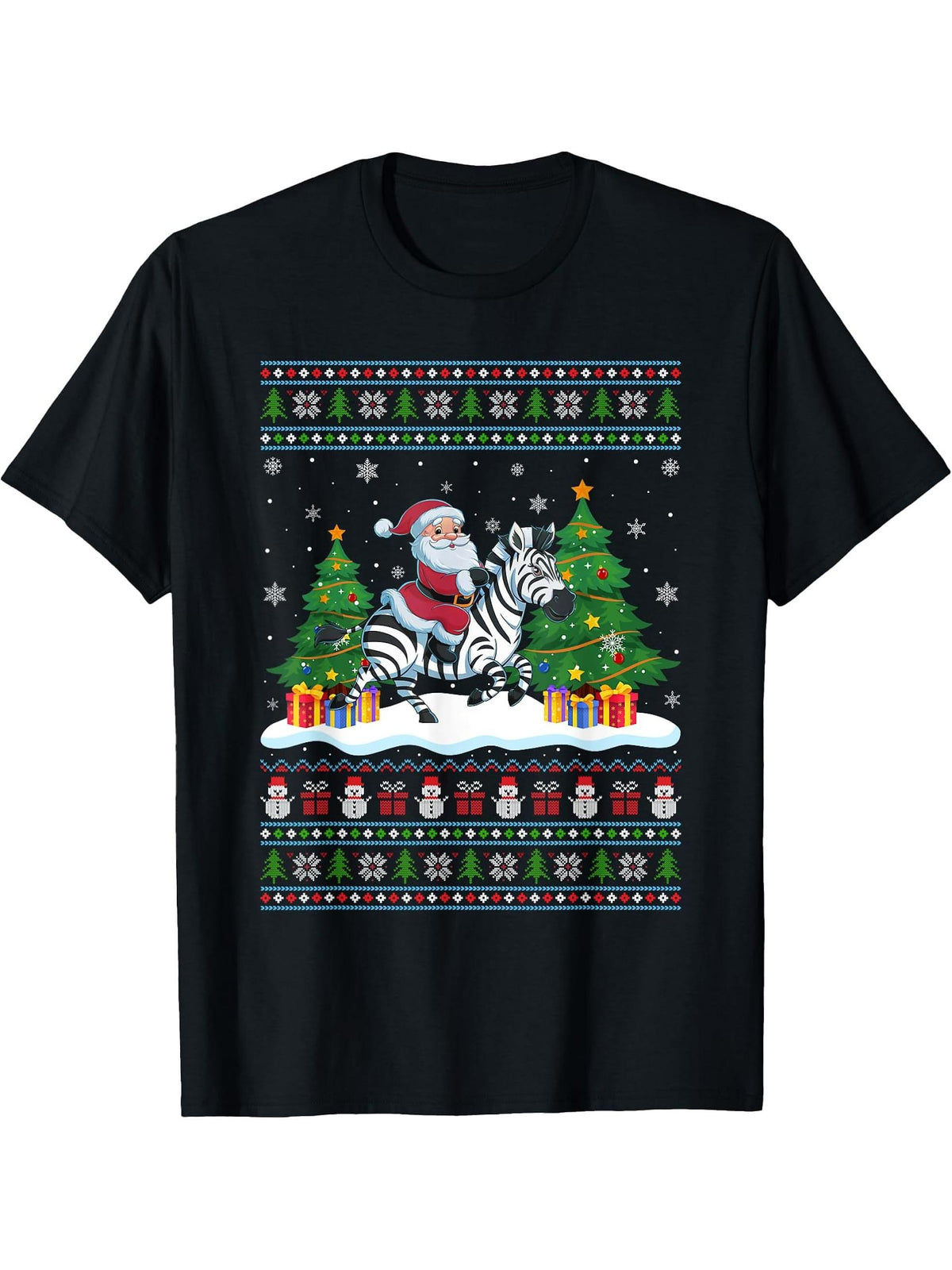 Santa Riding Zebra Tree Lights Ugly Christmas Sweater T-Shirt 180G 100% Cotton Printed Round Neck Short-Sleeve T-Shirt, Gifts for Men Dad Husband Grandpa, S-XXXL, Black