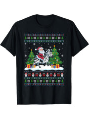 Santa Riding Zebra Tree Lights Ugly Christmas Sweater T-Shirt 180G 100% Cotton Printed Round Neck Short-Sleeve T-Shirt, Gifts for Men Dad Husband Grandpa, S-XXXL, Black