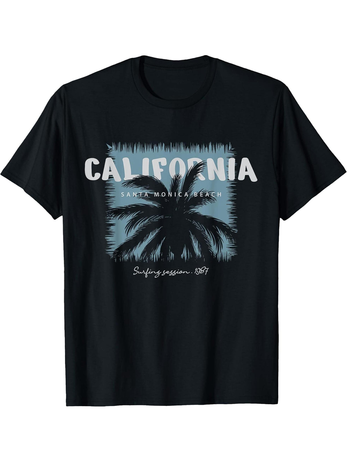California Santa Monica Beach Surfing Session 1987 T-Shirt 180G 100% Cotton Printed Round Neck Short-Sleeve T-Shirt, Gifts for Men Dad Husband Grandpa, S-XXXL, Black