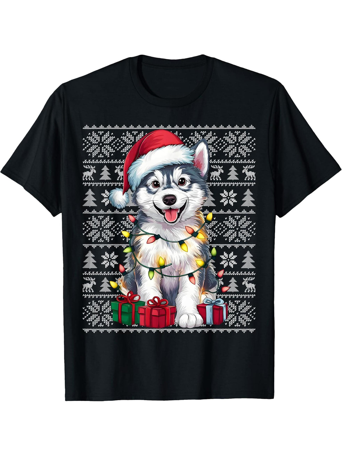 Xmas Sweater Style Ugly Santa Alaskan Malamute Dog Christmas T-Shirt 180G 100% Cotton Printed Round Neck Short-Sleeve T-Shirt, Gifts for Men Dad Husband Grandpa, S-XXXL, Black