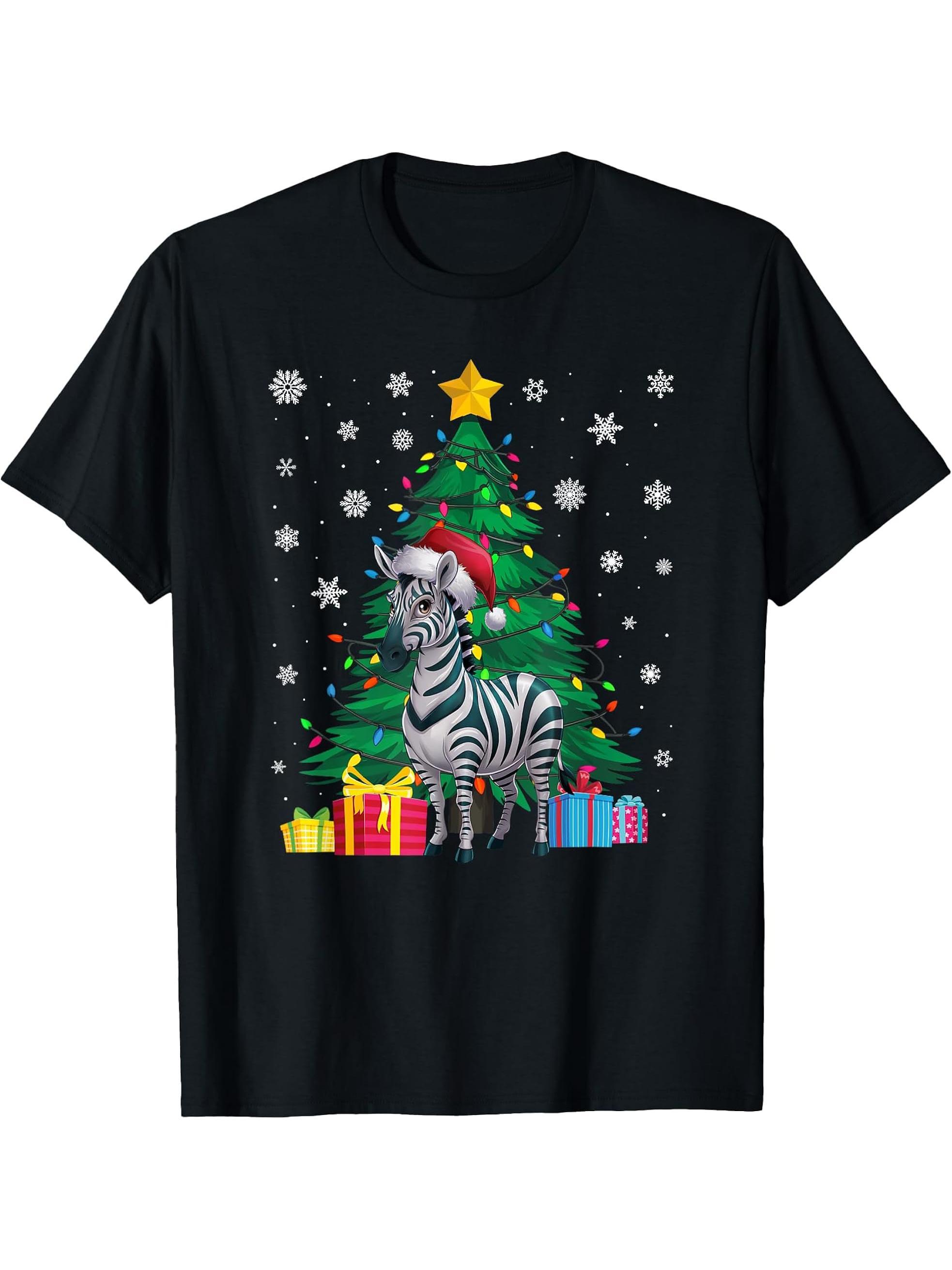 Ugly Sweater Christmas Tree Lights Zebra Santa Hat Xmas T-Shirt 180G 100% Cotton Printed Round Neck Short-Sleeve T-Shirt, Gifts for Men Dad Husband Grandpa, S-XXXL, Black