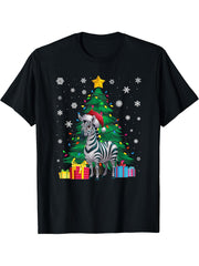 Ugly Sweater Christmas Tree Lights Zebra Santa Hat Xmas T-Shirt 180G 100% Cotton Printed Round Neck Short-Sleeve T-Shirt, Gifts for Men Dad Husband Grandpa, S-XXXL, Black