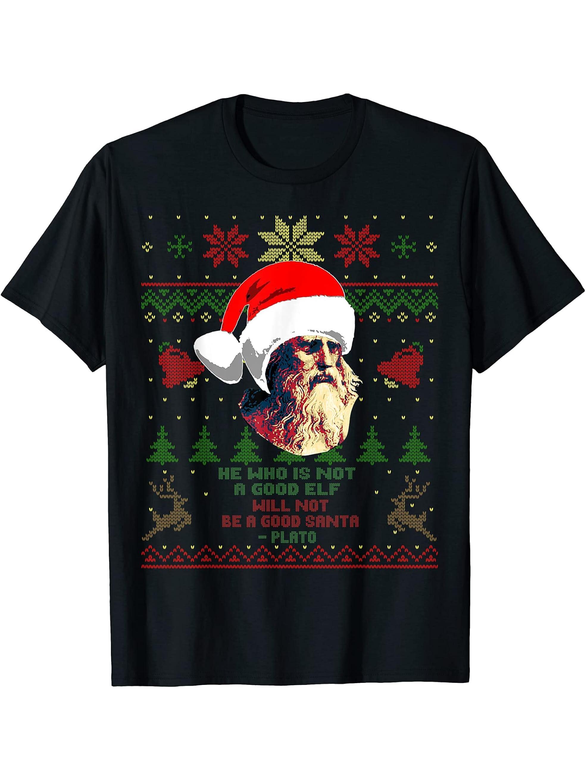 Funny Plato Christmas Elf Santa Philosophy Quote T-Shirt 180G 100% Cotton Printed Round Neck Short-Sleeve T-Shirt, Gifts for Men Dad Husband Grandpa, S-XXXL, Black