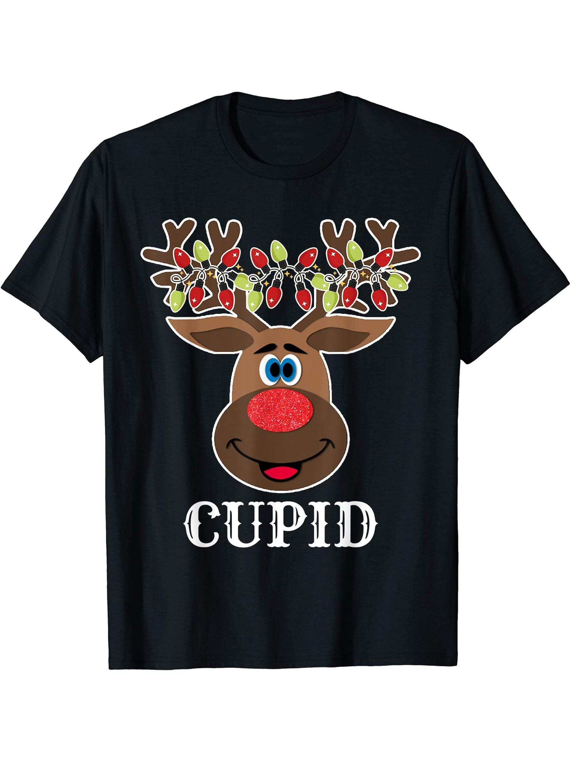 Santa Reindeer Cupid Xmas Group Costume T-Shirt 180G 100% Cotton Printed Round Neck Short-Sleeve T-Shirt, Gifts for Men Dad Husband Grandpa, S-XXXL, Black