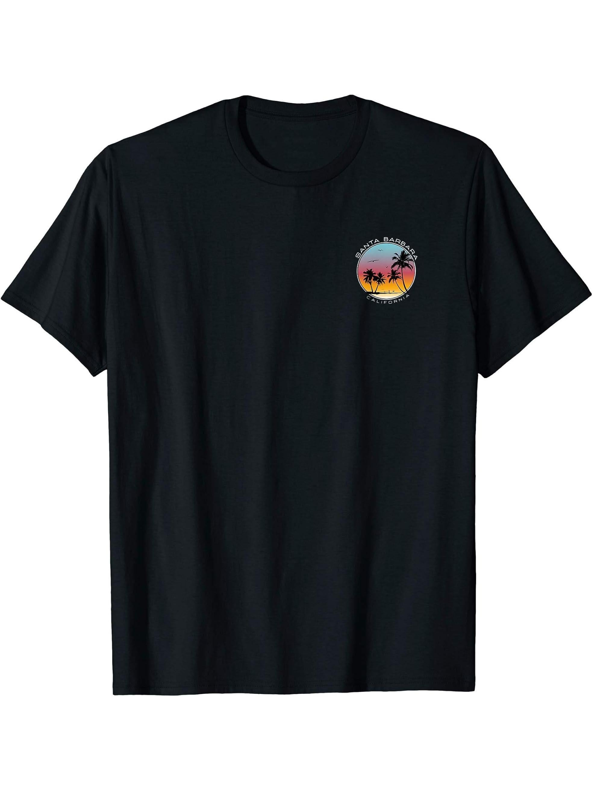 Santa Barbara California Retro Palm Tree T-Shirt 180G 100% Cotton Printed Round Neck Short-Sleeve T-Shirt, Gifts for Men Dad Husband Grandpa, S-XXXL, Black