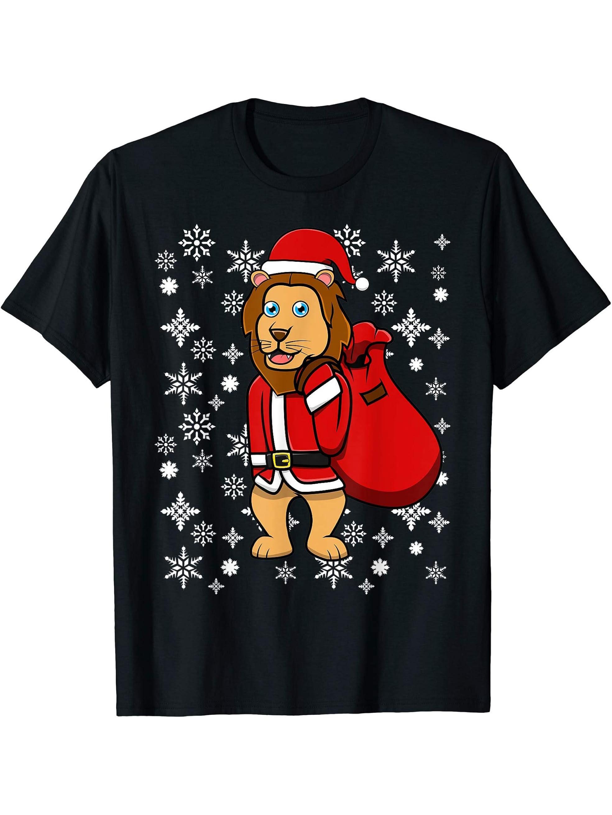 Santa Claus Lion for Christmas Fans T-Shirt 180G 100% Cotton Printed Round Neck Short-Sleeve T-Shirt, Gifts for Men Dad Husband Grandpa, S-XXXL, Black