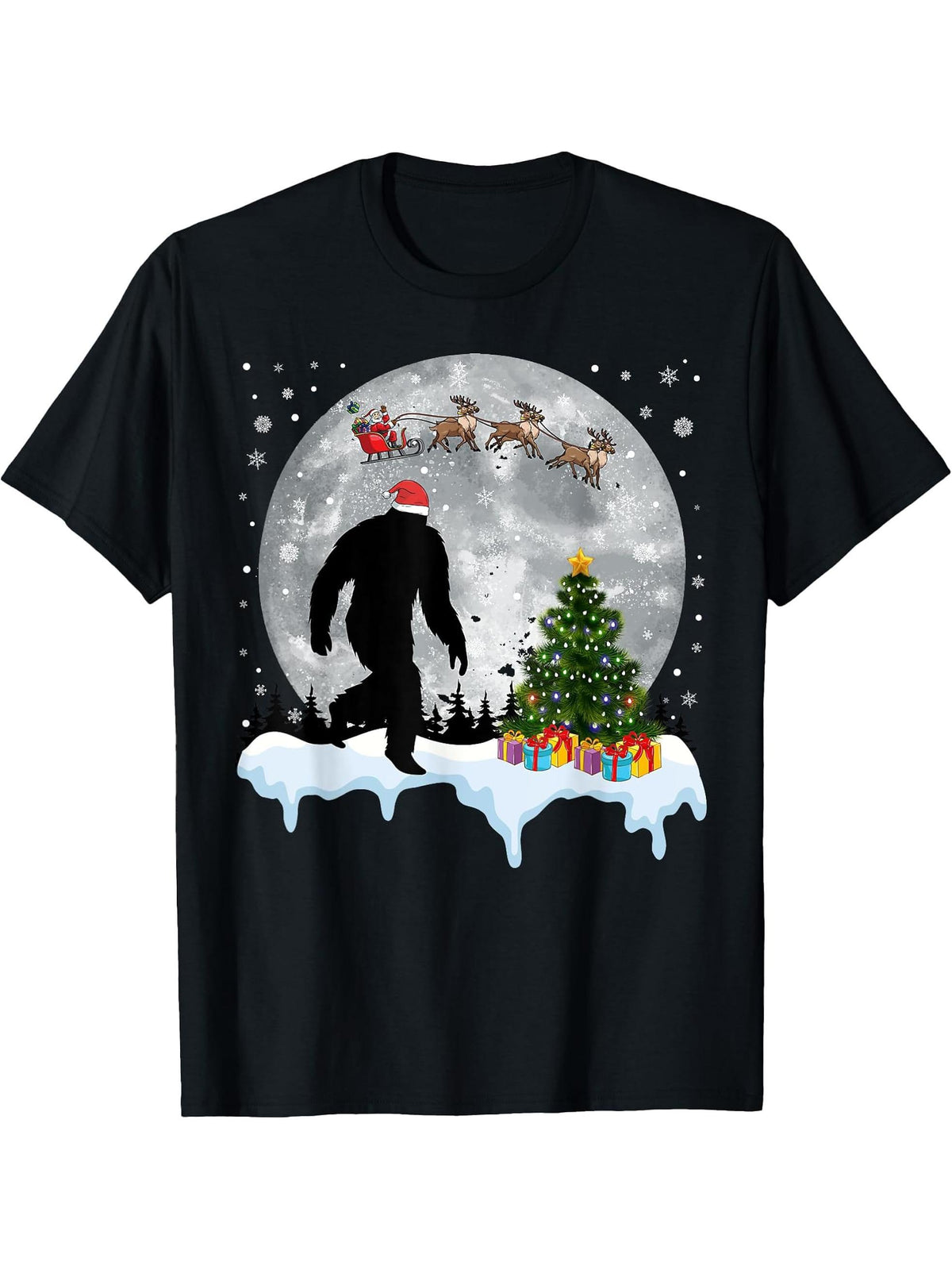 Christmas Bigfoot Santa Tree Sleigh Moon Reindeer Snow T-Shirt 180G 100% Cotton Printed Round Neck Short-Sleeve T-Shirt, Gifts for Men Dad Husband Grandpa, S-XXXL, Black