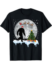 Christmas Bigfoot Santa Tree Sleigh Moon Reindeer Snow T-Shirt 180G 100% Cotton Printed Round Neck Short-Sleeve T-Shirt, Gifts for Men Dad Husband Grandpa, S-XXXL, Black