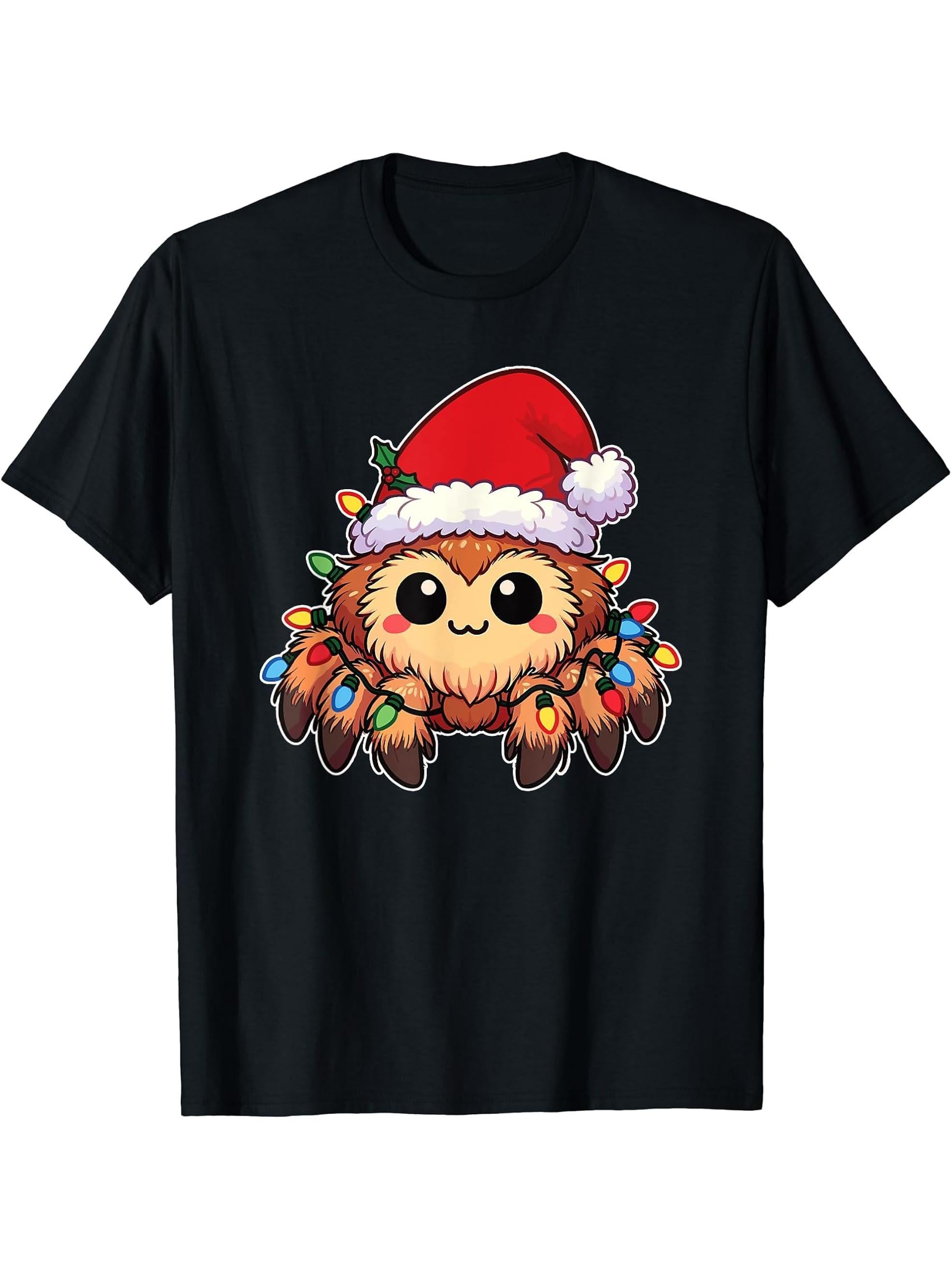 Santa Hat Christmas Fairy Lights Tarantula T-Shirt 180G 100% Cotton Printed Round Neck Short-Sleeve T-Shirt, Gifts for Men Dad Husband Grandpa, S-XXXL, Black