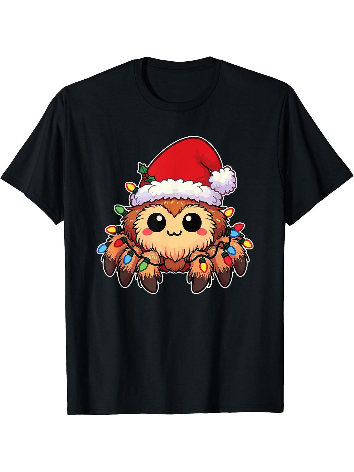 Santa Hat Christmas Fairy Lights Tarantula T-Shirt 180G 100% Cotton Printed Round Neck Short-Sleeve T-Shirt, Gifts for Men Dad Husband Grandpa, S-XXXL, Black