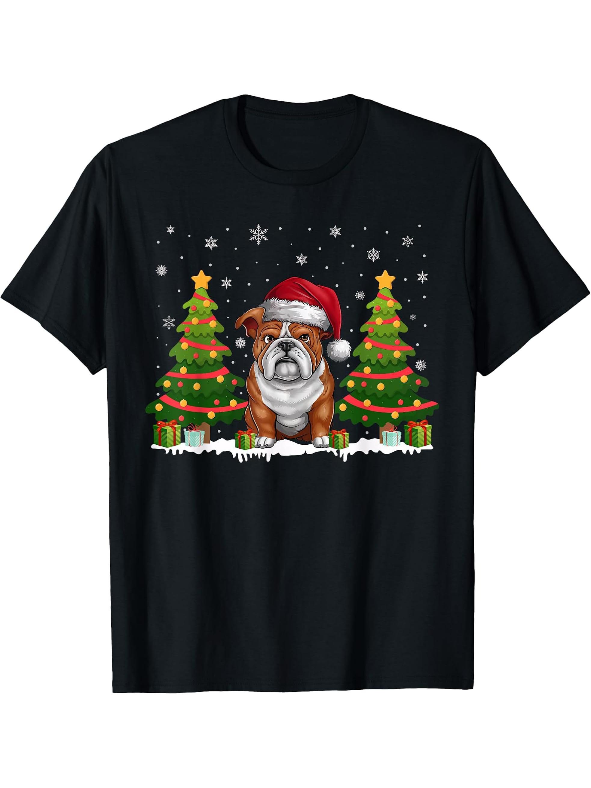 Xmas Tree Lights English Bulldog Santa Hat Christmas Sweater T-Shirt 180G 100% Cotton Printed Round Neck Short-Sleeve T-Shirt, Gifts for Men Dad Husband Grandpa, S-XXXL, Black