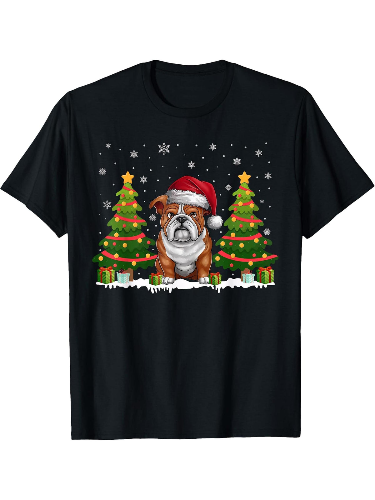 Xmas Tree Lights English Bulldog Santa Hat Christmas Sweater T-Shirt 180G 100% Cotton Printed Round Neck Short-Sleeve T-Shirt, Gifts for Men Dad Husband Grandpa, S-XXXL, Black