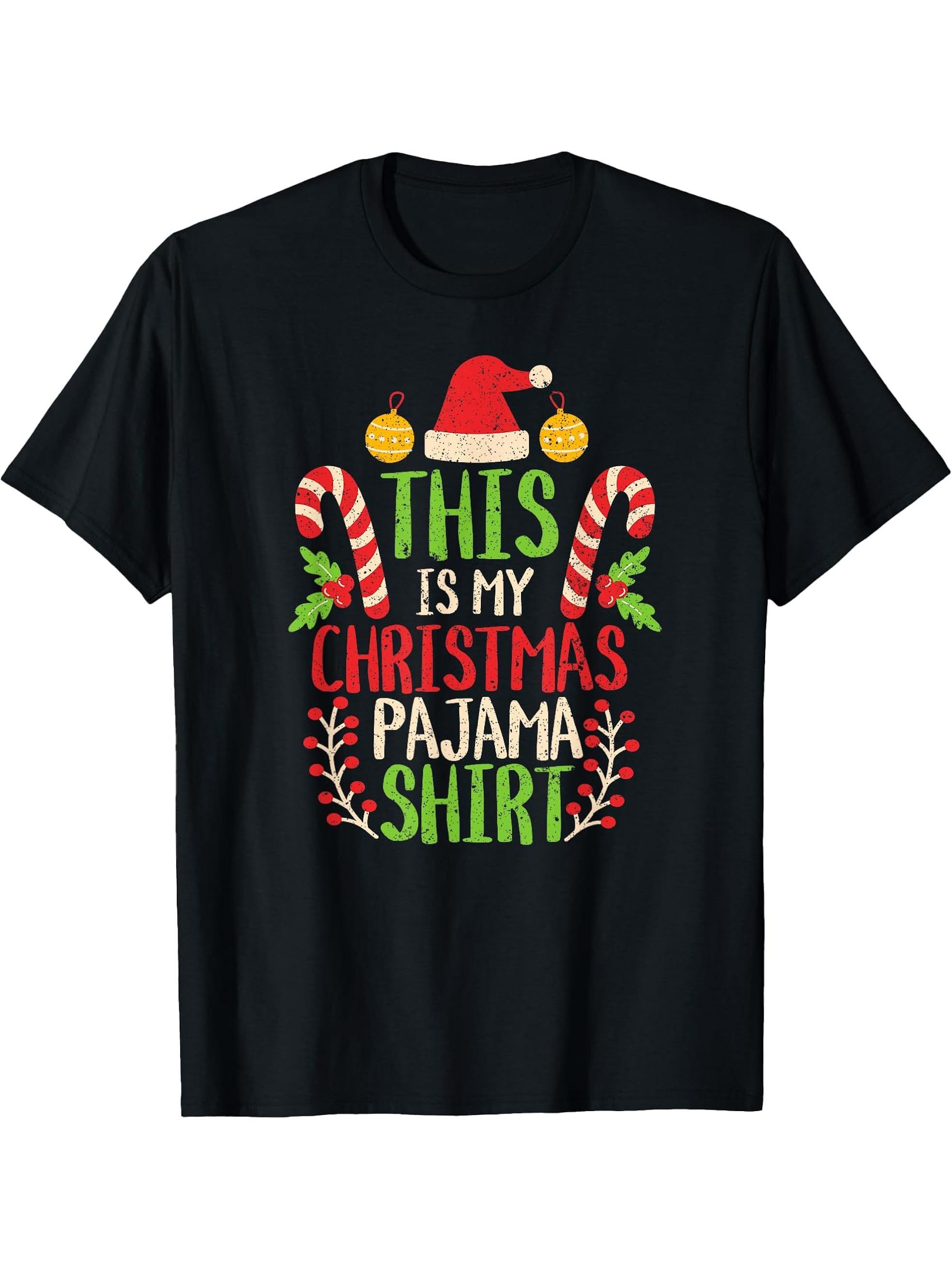 Funny Family Christmas Pajama Cute Xmas Retro Holiday T-Shirt 180G 100% Cotton Printed Round Neck Short-Sleeve T-Shirt, Gifts for Men Dad Husband Grandpa, S-XXXL, Black