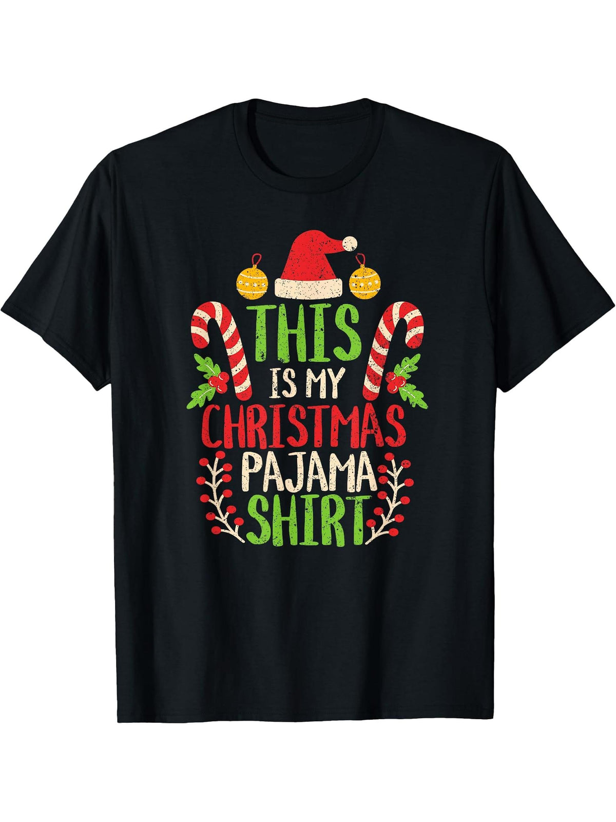 Funny Family Christmas Pajama Cute Xmas Retro Holiday T-Shirt 180G 100% Cotton Printed Round Neck Short-Sleeve T-Shirt, Gifts for Men Dad Husband Grandpa, S-XXXL, Black