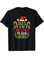 Funny Family Christmas Pajama Cute Xmas Retro Holiday T-Shirt 180G 100% Cotton Printed Round Neck Short-Sleeve T-Shirt, Gifts for Men Dad Husband Grandpa, S-XXXL, Black