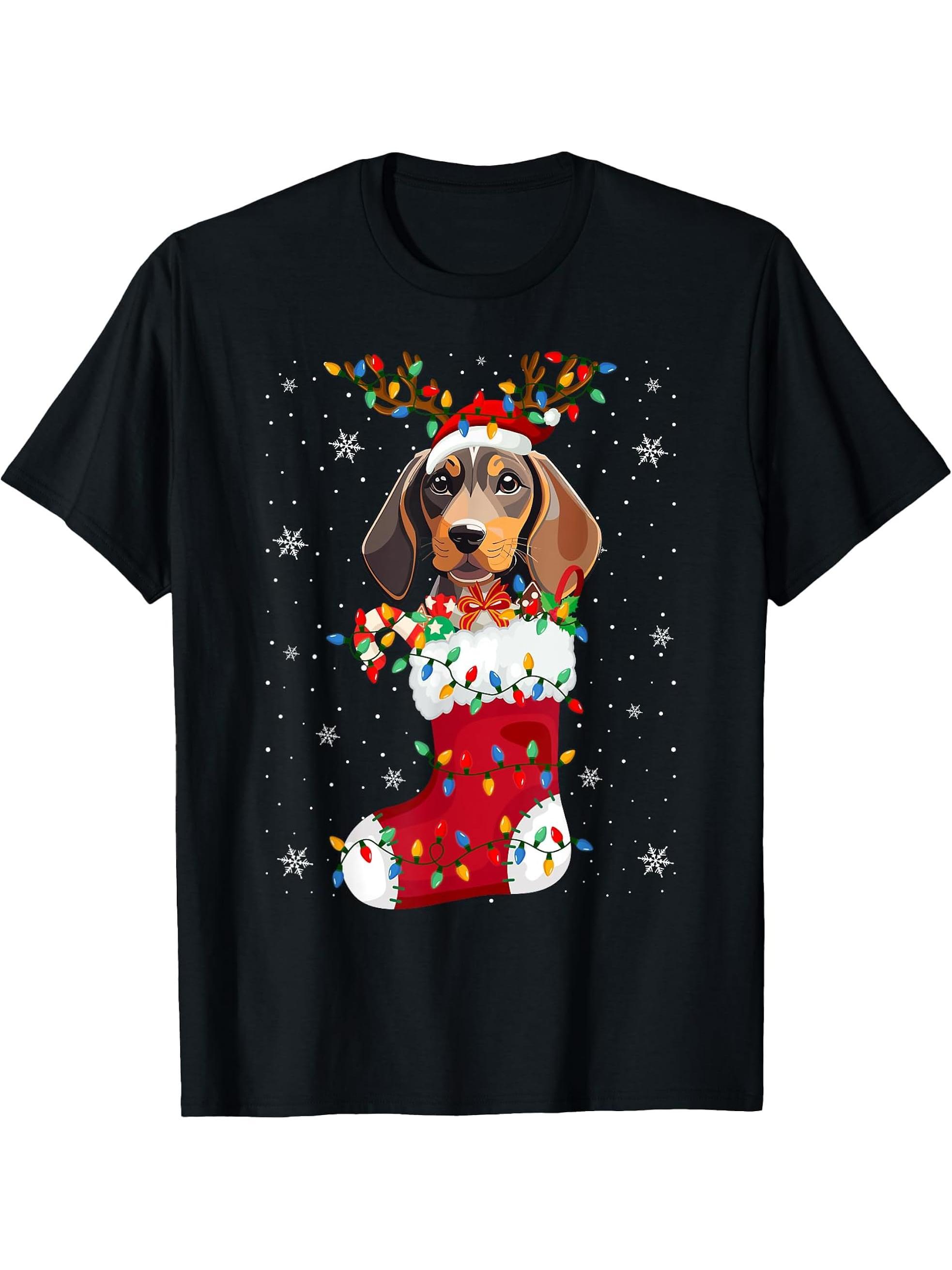 Santa Hat Coonhound Puppy Dog In Socks Xmas Tree Lights T-Shirt 180G 100% Cotton Printed Round Neck Short-Sleeve T-Shirt, Gifts for Men Dad Husband Grandpa, S-XXXL, Black