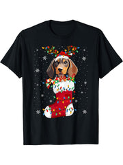 Santa Hat Coonhound Puppy Dog In Socks Xmas Tree Lights T-Shirt 180G 100% Cotton Printed Round Neck Short-Sleeve T-Shirt, Gifts for Men Dad Husband Grandpa, S-XXXL, Black
