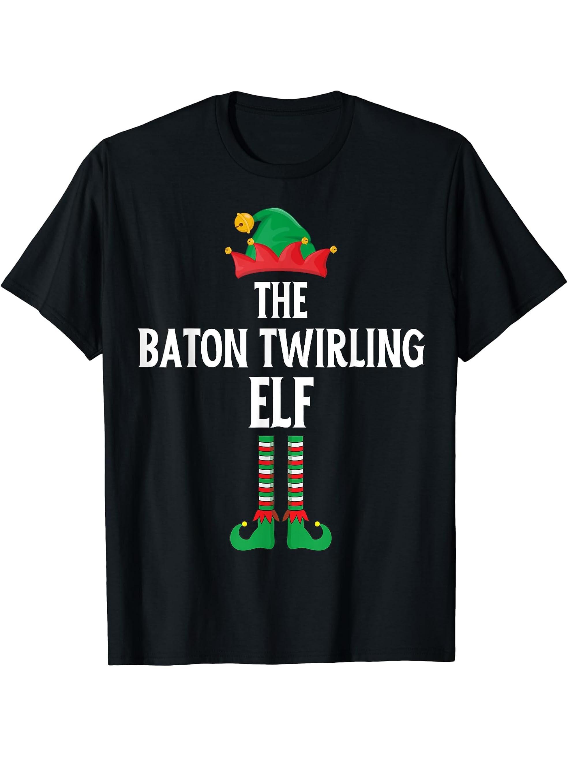 Funny Baton Twirling Costume Christmas Santa Xmas T-Shirt 180G 100% Cotton Printed Round Neck Short-Sleeve T-Shirt, Gifts for Men Dad Husband Grandpa, S-XXXL, Black