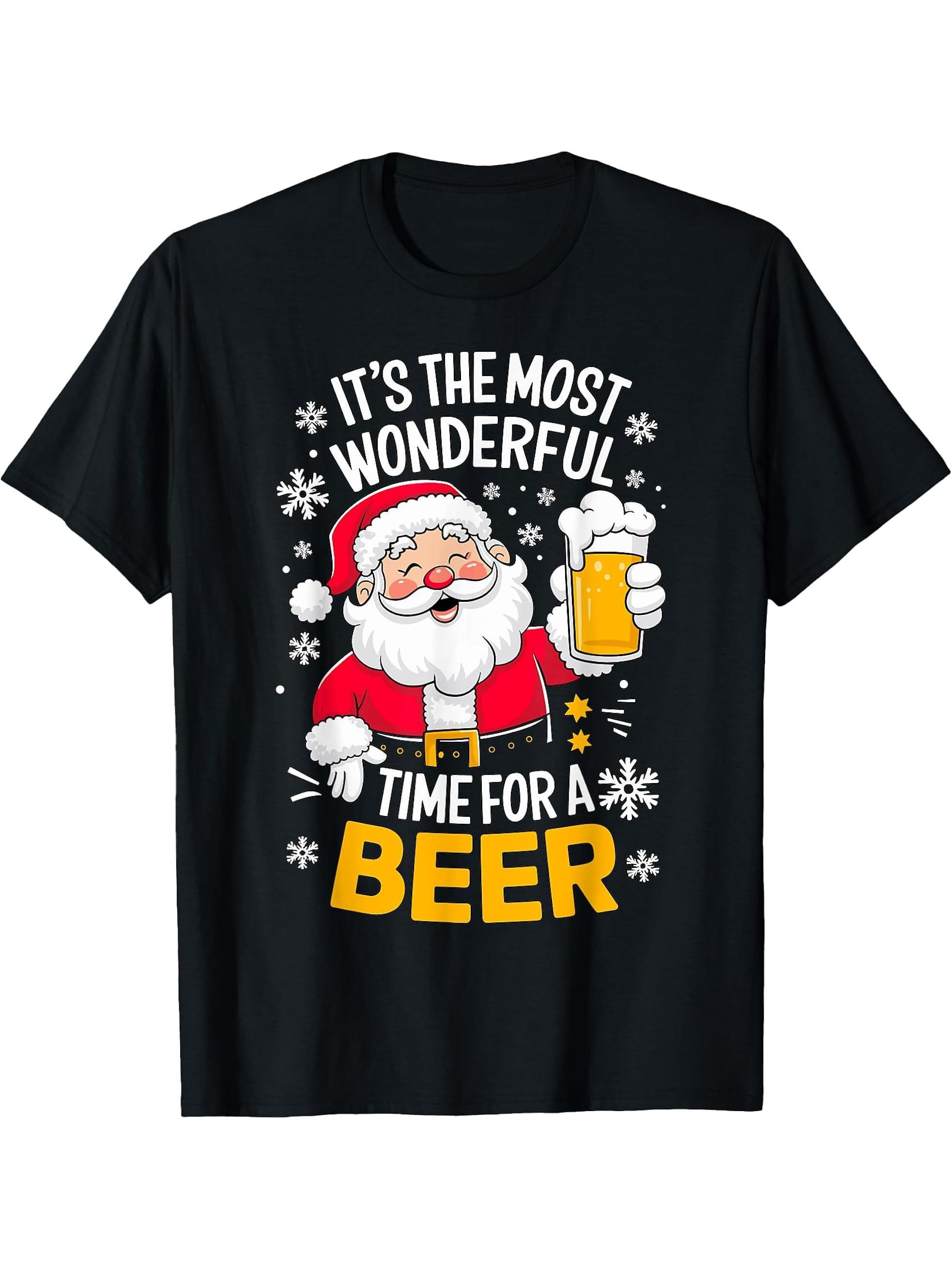 It's the most wonderful Time for a Beer Santa Christmas T-Shirt 180G 100% Cotton Printed Round Neck Short-Sleeve T-Shirt, Gifts for Men Dad Husband Grandpa, S-XXXL, Black