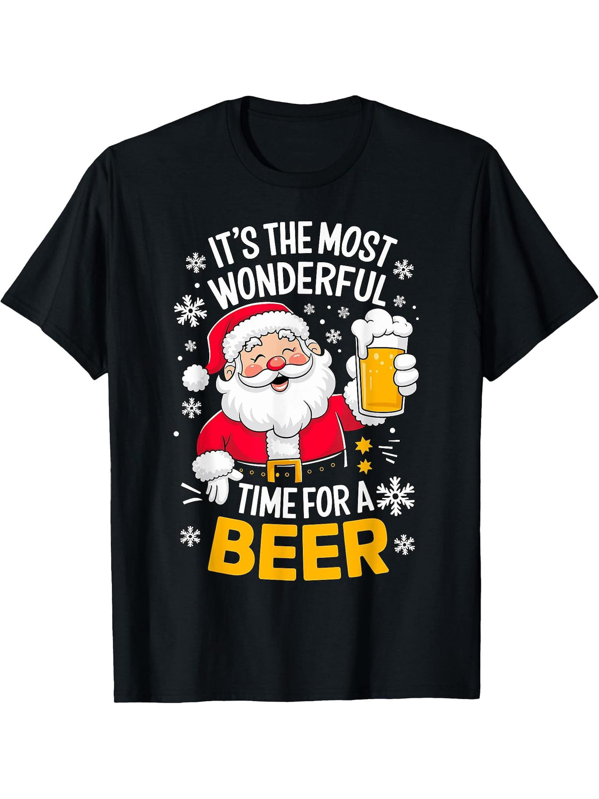 It's the most wonderful Time for a Beer Santa Christmas T-Shirt 180G 100% Cotton Printed Round Neck Short-Sleeve T-Shirt, Gifts for Men Dad Husband Grandpa, S-XXXL, Black
