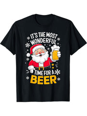 It's the most wonderful Time for a Beer Santa Christmas T-Shirt 180G 100% Cotton Printed Round Neck Short-Sleeve T-Shirt, Gifts for Men Dad Husband Grandpa, S-XXXL, Black
