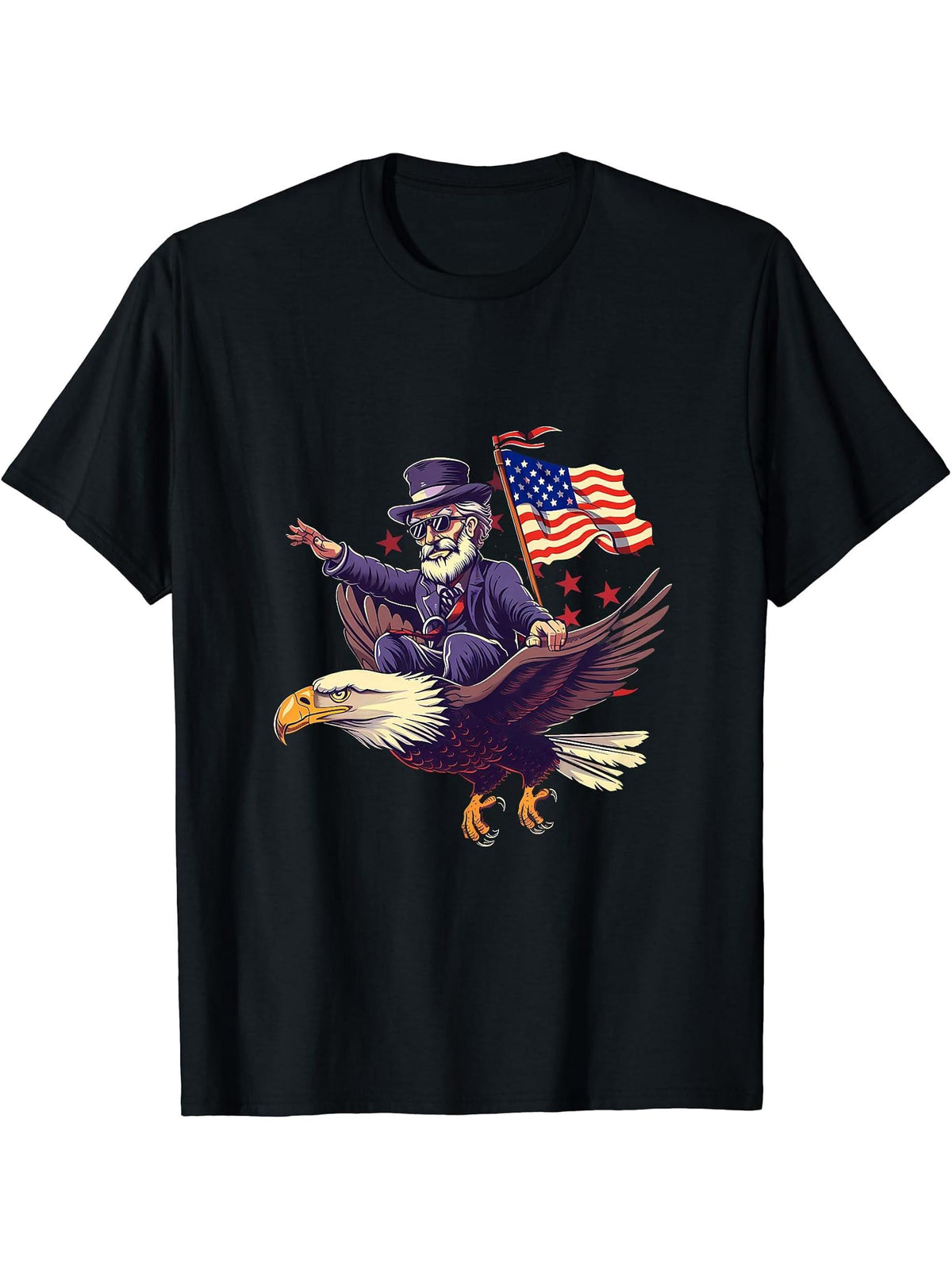 Fourth Of July Abraham Lincoln Bald Eagle American Flag USA T-Shirt 180G 100% Cotton Printed Round Neck Short-Sleeve T-Shirt, Gifts for Men Dad Husband Grandpa, S-XXXL, Black