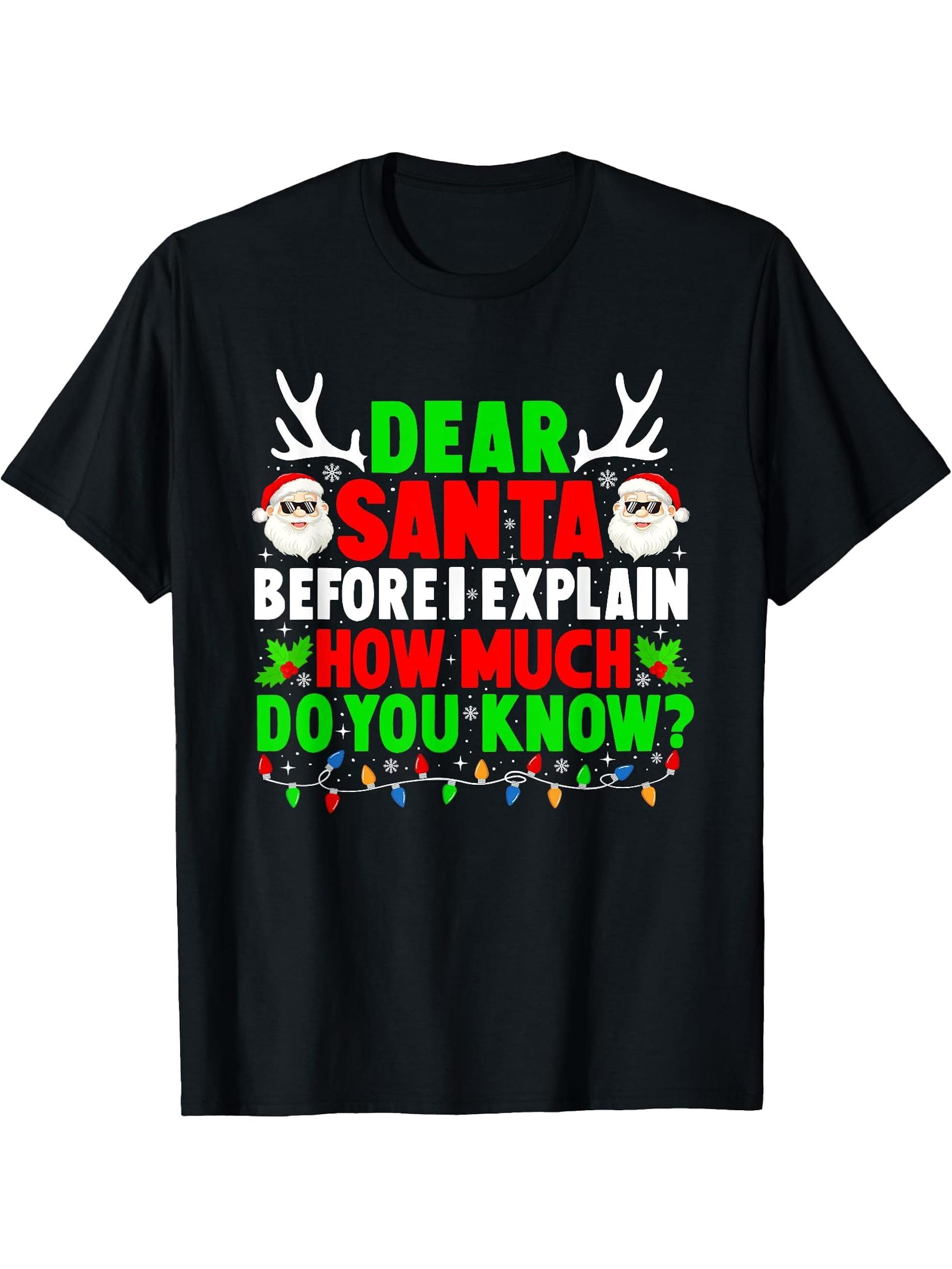 Dear Santa I Can Explain Xmas Santa Hat Christmas Lights T-Shirt 180G 100% Cotton Printed Round Neck Short-Sleeve T-Shirt, Gifts for Men Dad Husband Grandpa, S-XXXL, Black