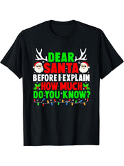 Dear Santa I Can Explain Xmas Santa Hat Christmas Lights T-Shirt 180G 100% Cotton Printed Round Neck Short-Sleeve T-Shirt, Gifts for Men Dad Husband Grandpa, S-XXXL, Black