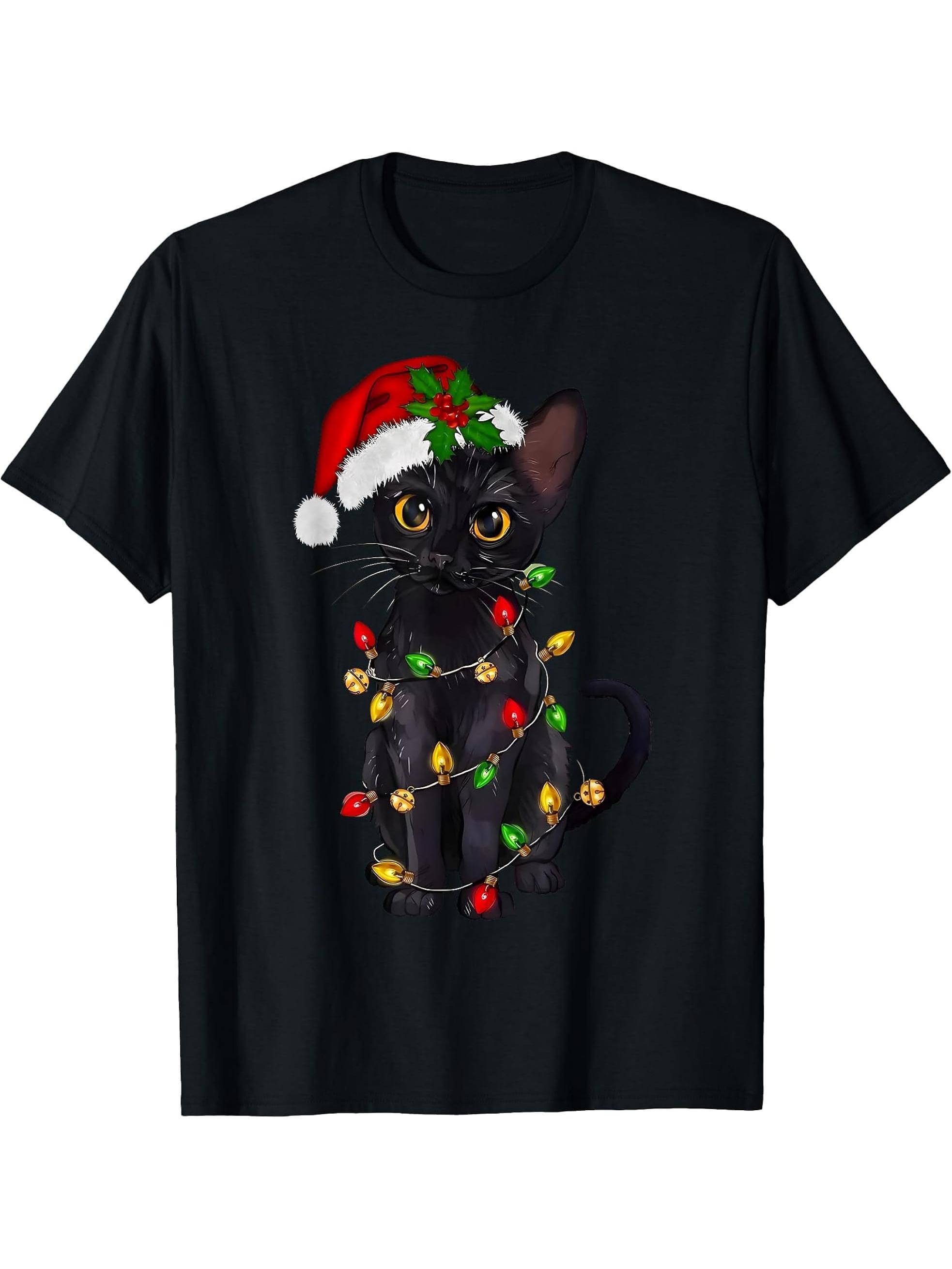 Family Matching Pajamas Cat Lover T-Shirt 180G 100% Cotton Printed Round Neck Short-Sleeve T-Shirt, Gifts for Men Dad Husband Grandpa, S-XXXL, Black