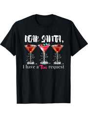 Dear Santa I Have A Tini Request Martini Christmas Lights T-Shirt 180G 100% Cotton Printed Round Neck Short-Sleeve T-Shirt, Gifts for Men Dad Husband Grandpa, S-XXXL, Black