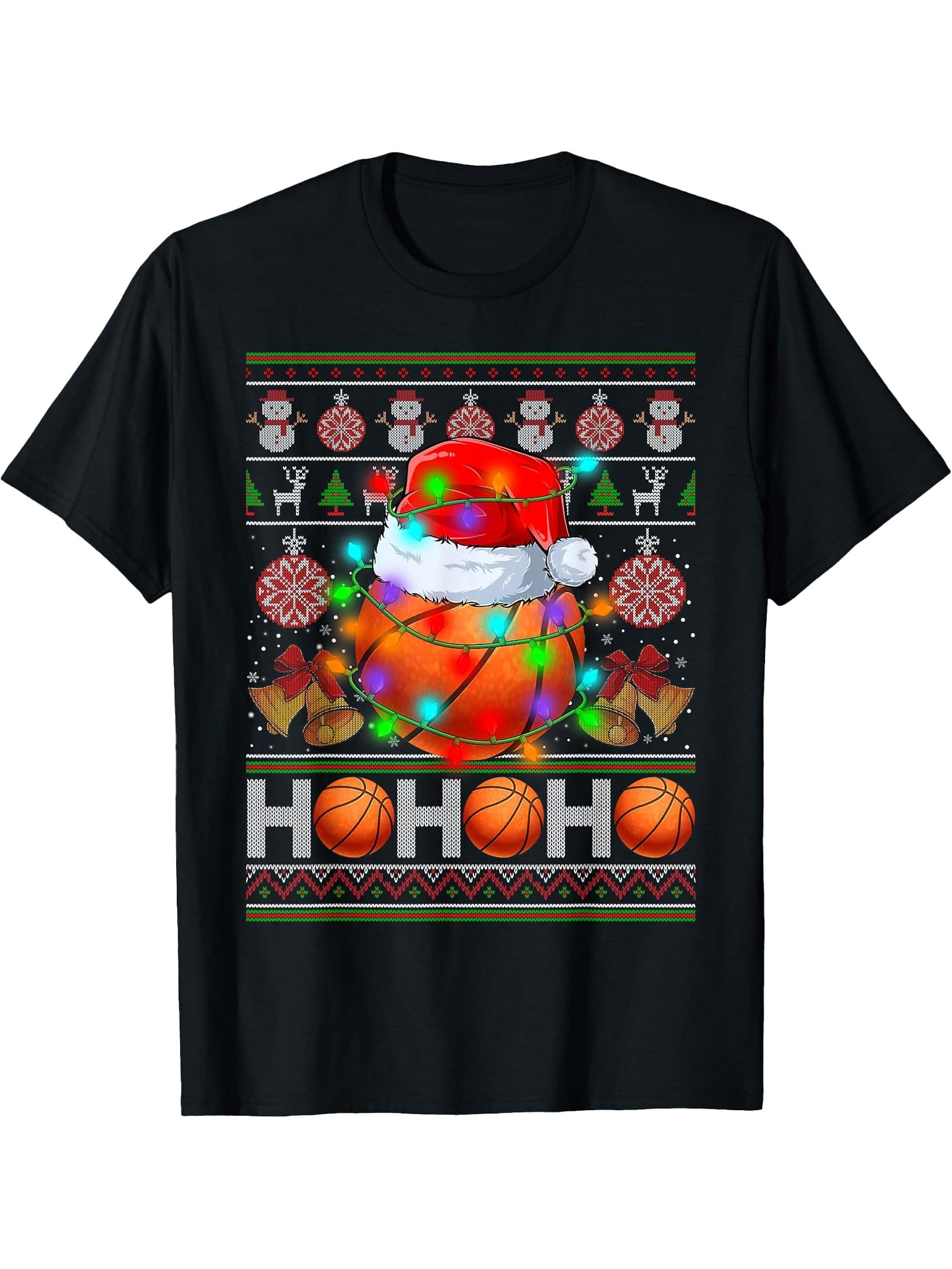 Santa Basketball Ball Xmas Tree Light Ugly Christmas Sweater T-Shirt 180G 100% Cotton Printed Round Neck Short-Sleeve T-Shirt, Gifts for Men Dad Husband Grandpa, S-XXXL, Black