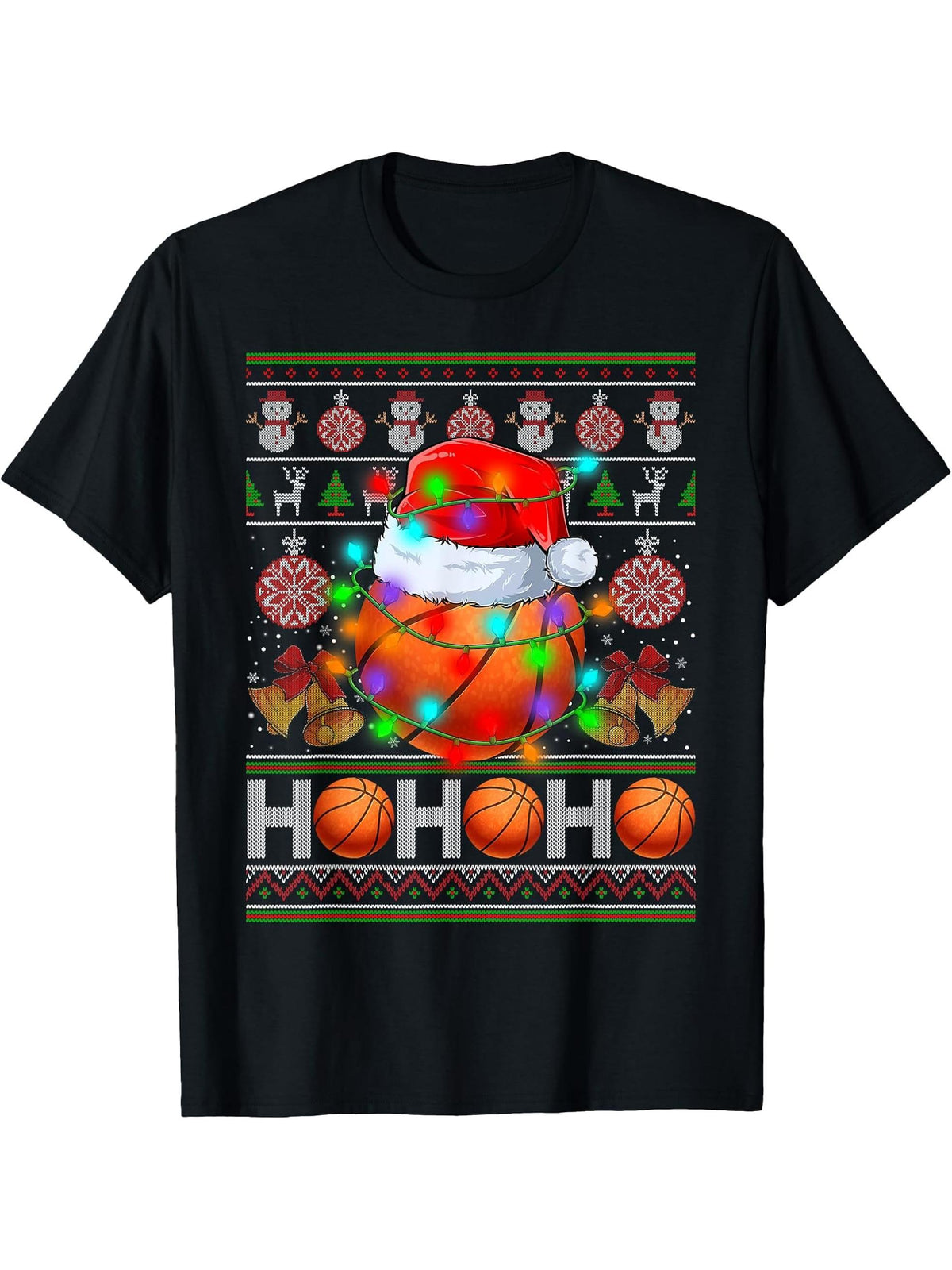 Santa Basketball Ball Xmas Tree Light Ugly Christmas Sweater T-Shirt 180G 100% Cotton Printed Round Neck Short-Sleeve T-Shirt, Gifts for Men Dad Husband Grandpa, S-XXXL, Black