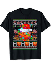 Santa Basketball Ball Xmas Tree Light Ugly Christmas Sweater T-Shirt 180G 100% Cotton Printed Round Neck Short-Sleeve T-Shirt, Gifts for Men Dad Husband Grandpa, S-XXXL, Black