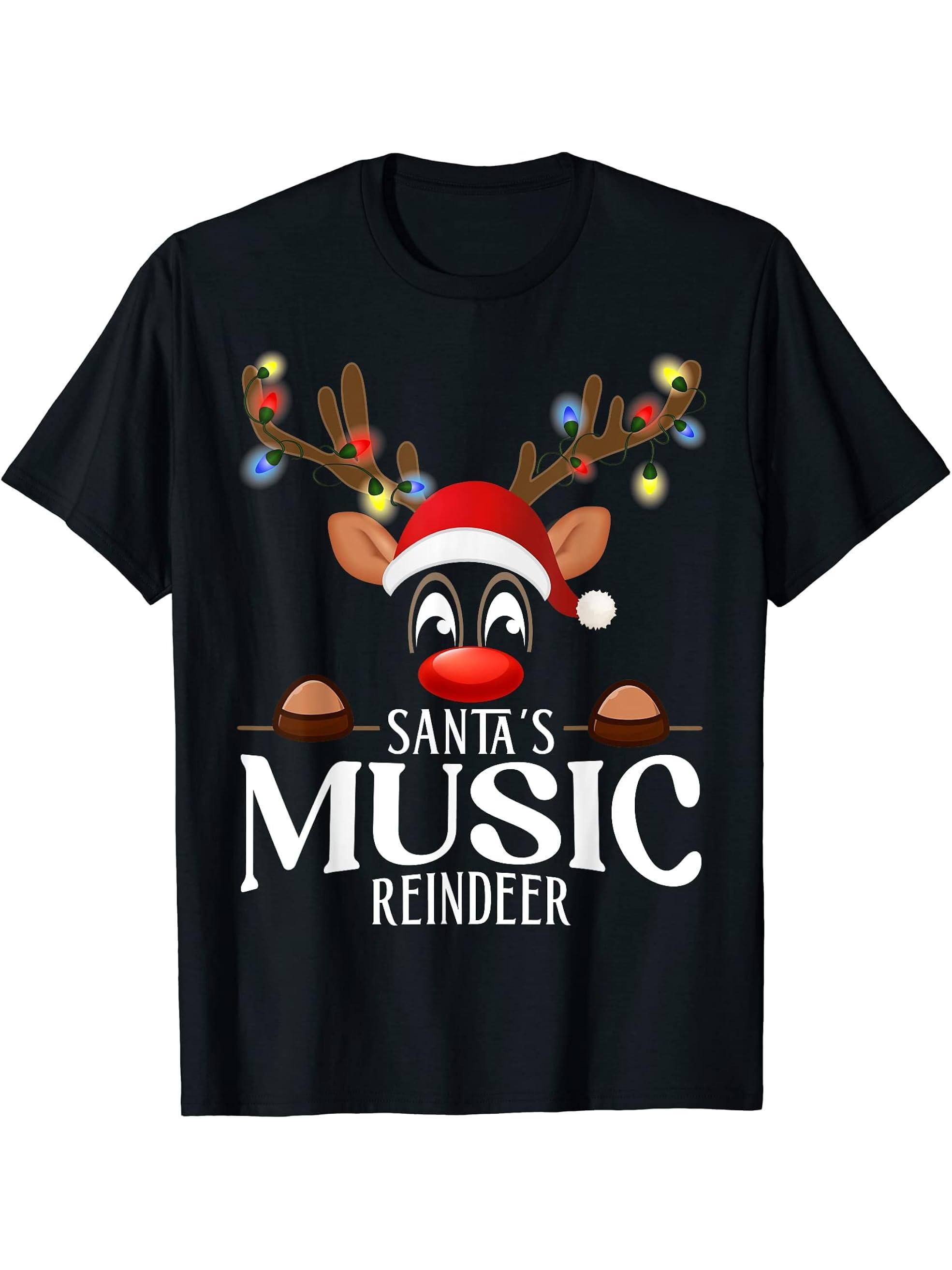 Santa's Music Reindeer Funny XMas Matching PJS T-Shirt 180G 100% Cotton Printed Round Neck Short-Sleeve T-Shirt, Gifts for Men Dad Husband Grandpa, S-XXXL, Black