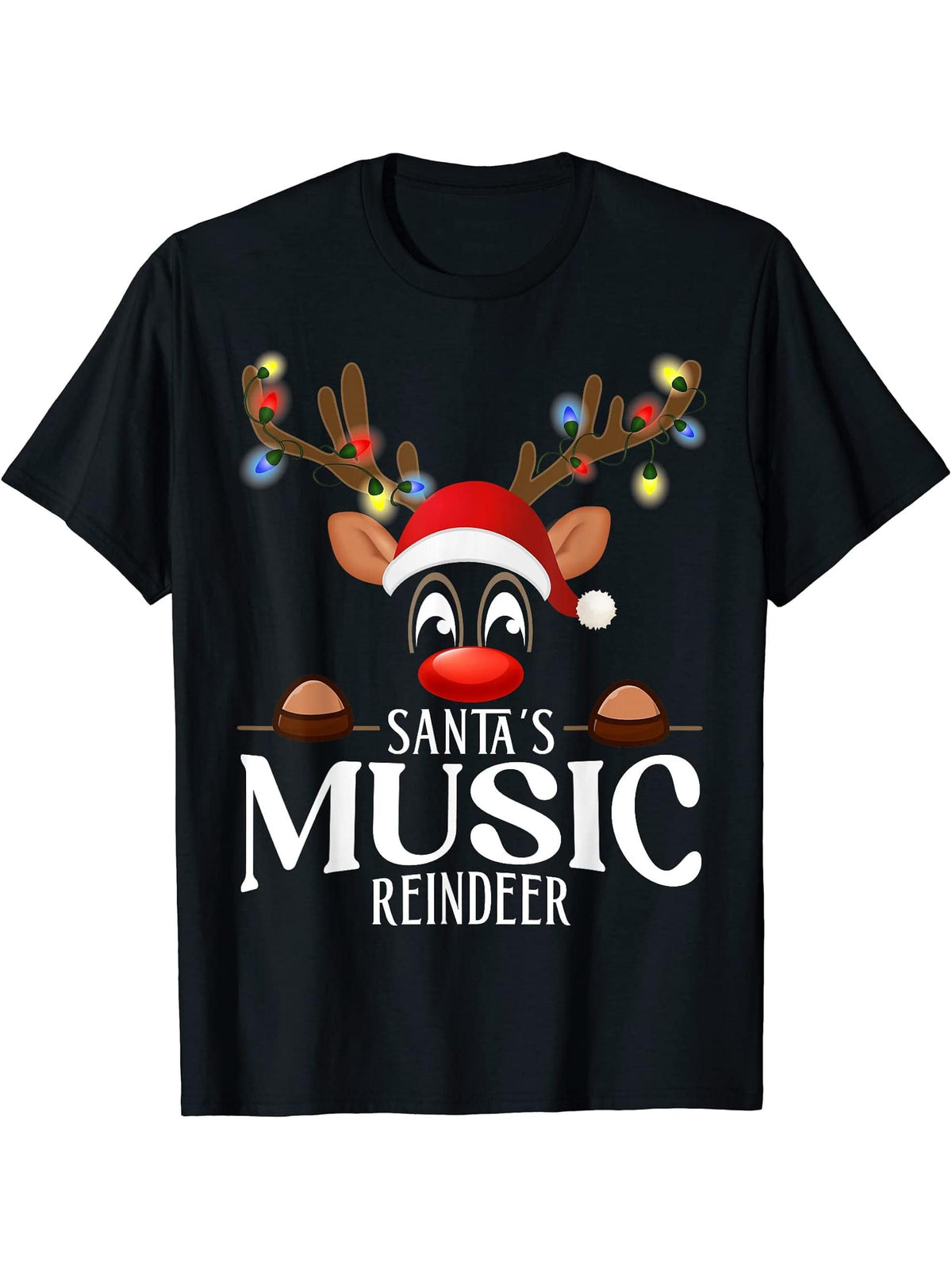Santa's Music Reindeer Funny XMas Matching PJS T-Shirt 180G 100% Cotton Printed Round Neck Short-Sleeve T-Shirt, Gifts for Men Dad Husband Grandpa, S-XXXL, Black