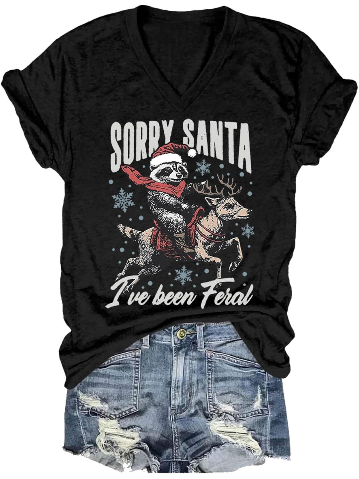 Sorry Santa I've Been Feral V-Neck T Shirt, Sorry Santa I've Been Feral Shirt, Sorry Santa I've Been Feral Tee 180G 100% Cotton Printed Round Neck Short-Sleeve T-Shirt, Gifts for Men Dad Husband Grandpa, S-XXXL, Black
