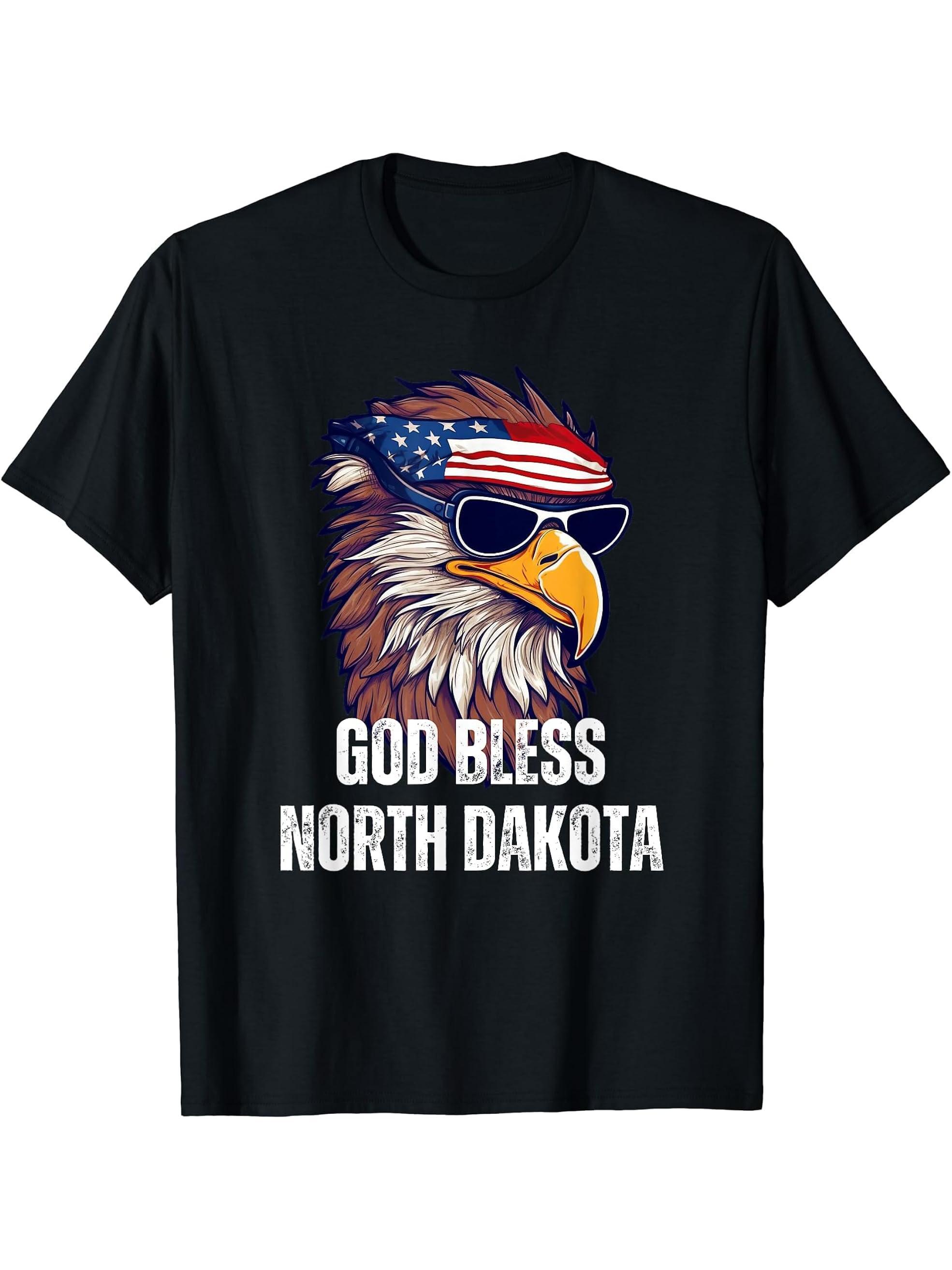 God Bless North Dakota - Patriotic Bald Eagle American Flag T-Shirt 180G 100% Cotton Printed Round Neck Short-Sleeve T-Shirt, Gifts for Men Dad Husband Grandpa, S-XXXL, Black