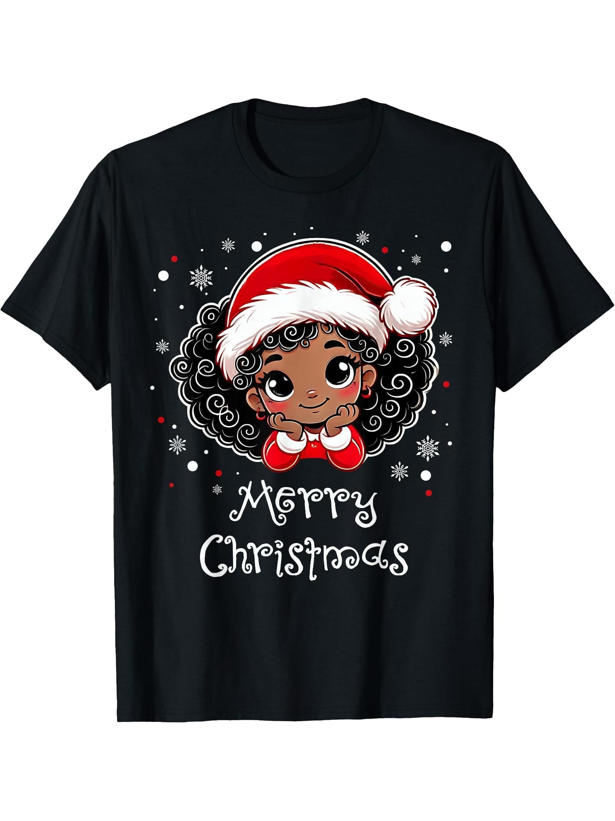 Black African Girl American Melanin Christmas Santa Hat Xmas T-Shirt 180G 100% Cotton Printed Round Neck Short-Sleeve T-Shirt, Gifts for Men Dad Husband Grandpa, S-XXXL, Black