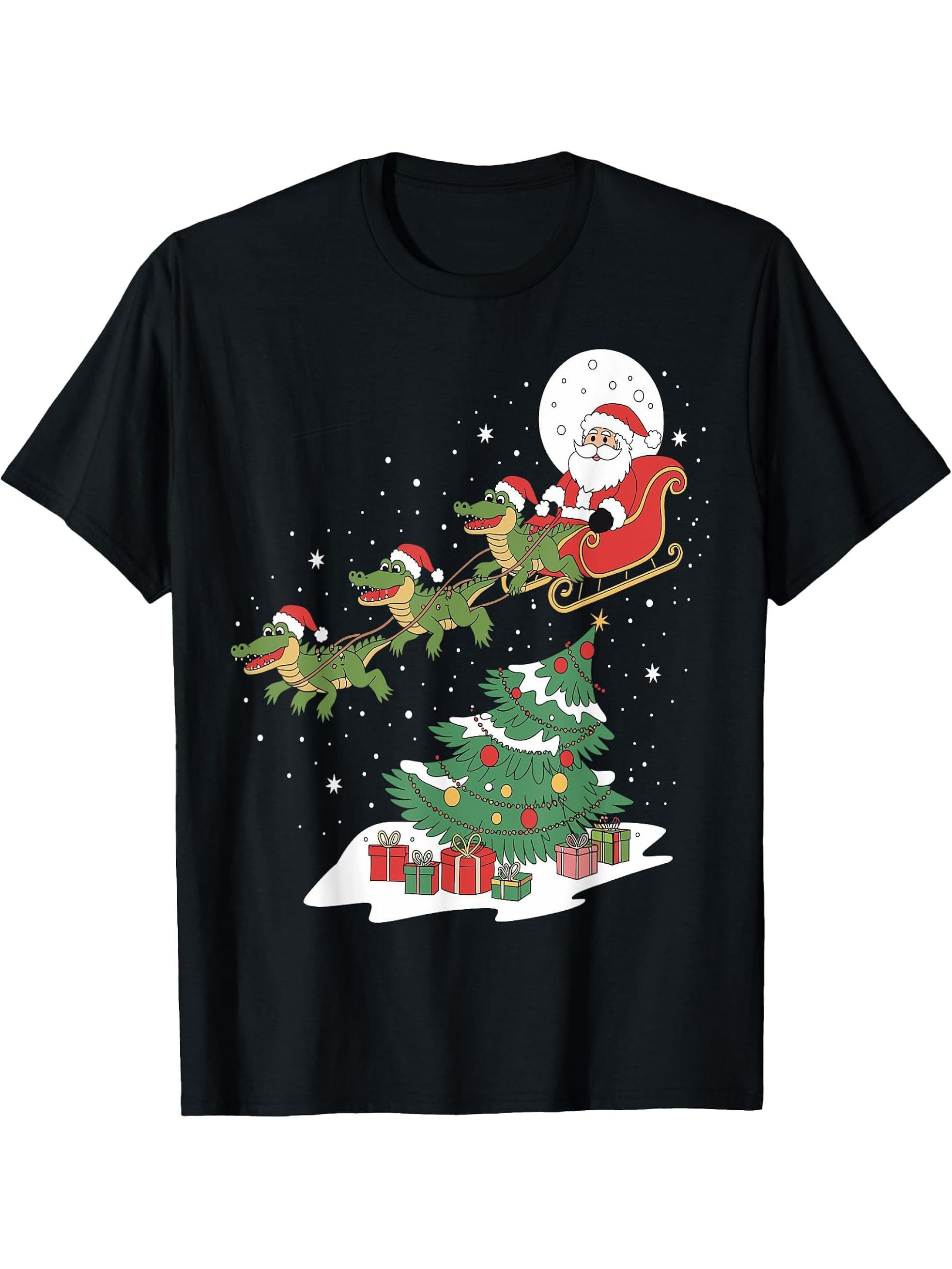 Santa Riding Alligator Christmas Lighting Tree Boy Girl Boys Men T-Shirt 180G 100% Cotton Printed Round Neck Short-Sleeve T-Shirt, Gifts for Men Dad Husband Grandpa, S-XXXL, Black