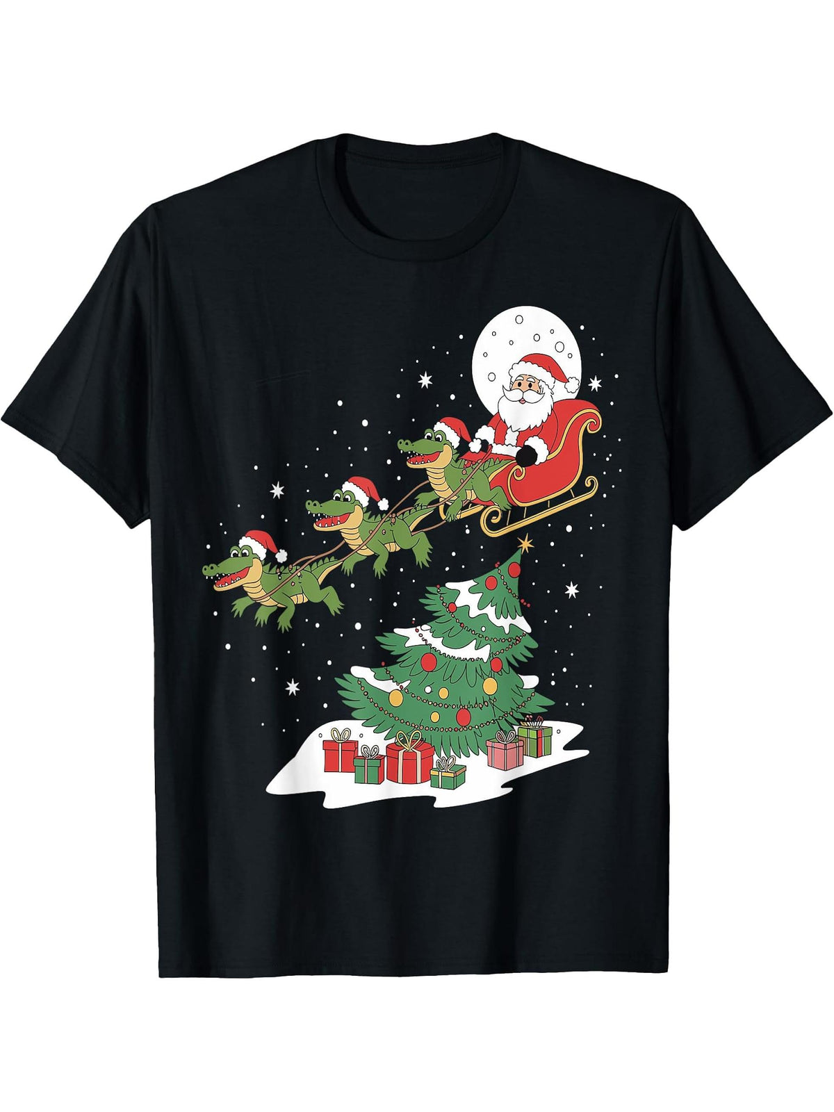 Santa Riding Alligator Christmas Lighting Tree Boy Girl Boys Men T-Shirt 180G 100% Cotton Printed Round Neck Short-Sleeve T-Shirt, Gifts for Men Dad Husband Grandpa, S-XXXL, Black