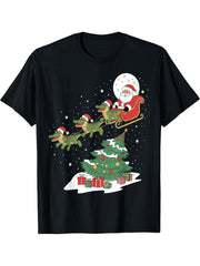 Santa Riding Alligator Christmas Lighting Tree Boy Girl Boys Men T-Shirt 180G 100% Cotton Printed Round Neck Short-Sleeve T-Shirt, Gifts for Men Dad Husband Grandpa, S-XXXL, Black
