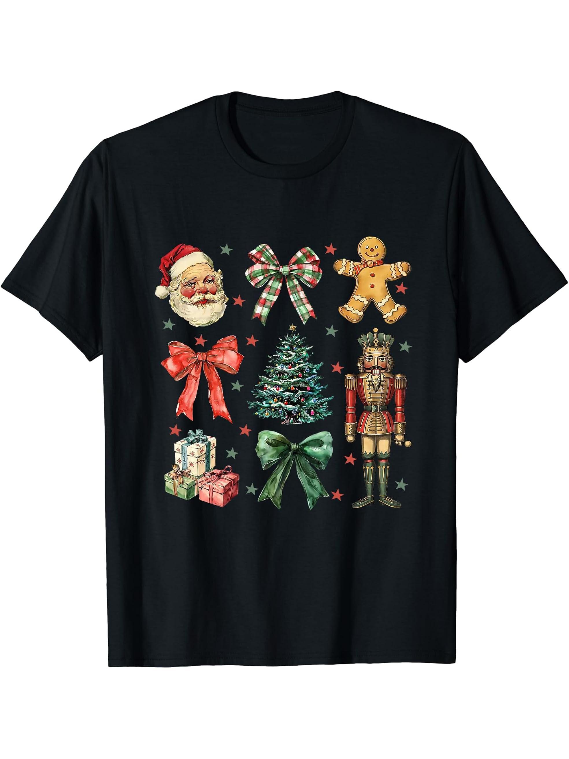 Coquette Bow Nutcracker Santa Christmas Xmas Family Pajamas T-Shirt 180G 100% Cotton Printed Round Neck Short-Sleeve T-Shirt, Gifts for Men Dad Husband Grandpa, S-XXXL, Black