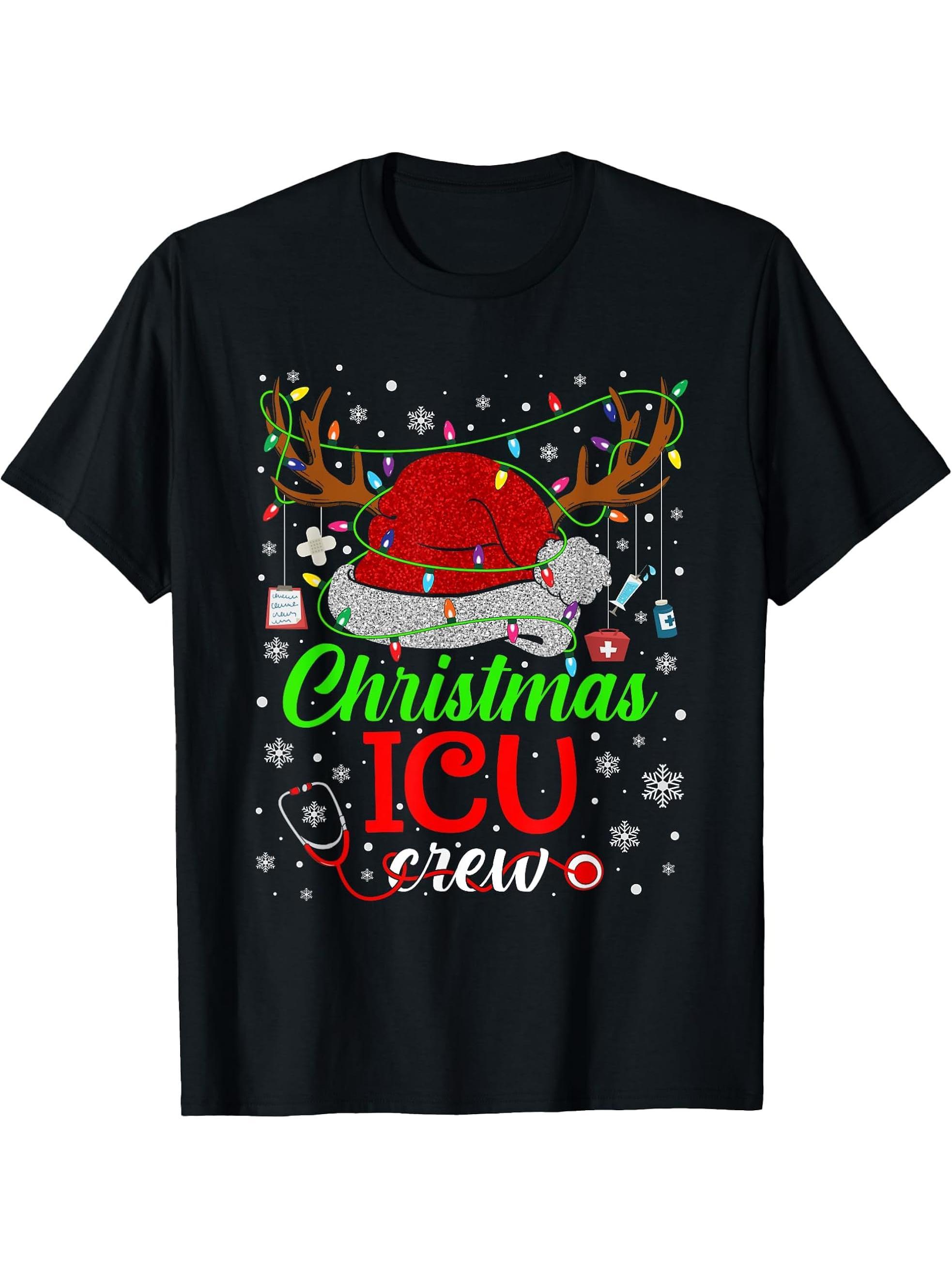 Christmas ICU Nurse Crew Santa Nurse Life Funny Xmas Pajama T-Shirt 180G 100% Cotton Printed Round Neck Short-Sleeve T-Shirt, Gifts for Men Dad Husband Grandpa, S-XXXL, Black