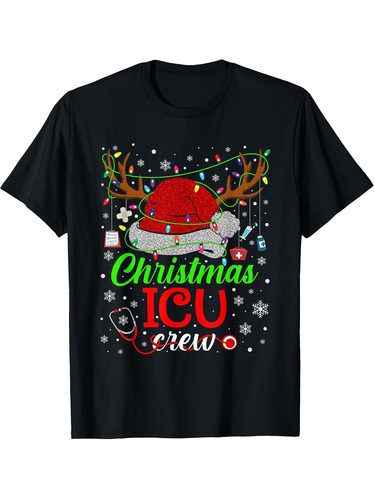 Christmas ICU Nurse Crew Santa Nurse Life Funny Xmas Pajama T-Shirt 180G 100% Cotton Printed Round Neck Short-Sleeve T-Shirt, Gifts for Men Dad Husband Grandpa, S-XXXL, Black