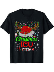 Christmas ICU Nurse Crew Santa Nurse Life Funny Xmas Pajama T-Shirt 180G 100% Cotton Printed Round Neck Short-Sleeve T-Shirt, Gifts for Men Dad Husband Grandpa, S-XXXL, Black