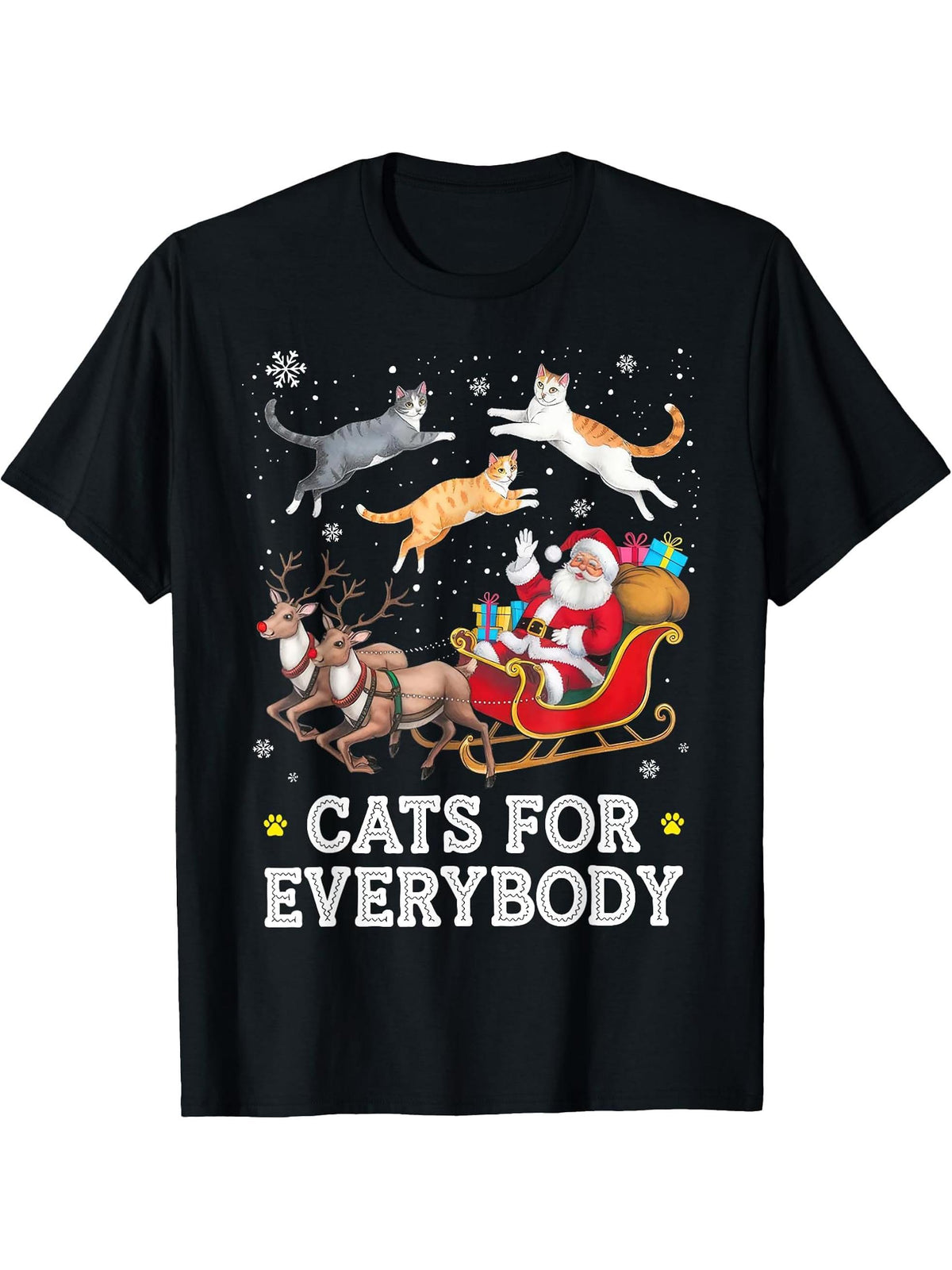 Cats For Everybody Christmas Cat Funny Xmas Santa Women T-Shirt 180G 100% Cotton Printed Round Neck Short-Sleeve T-Shirt, Gifts for Men Dad Husband Grandpa, S-XXXL, Black