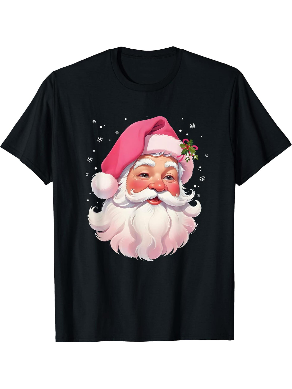 Retro Santa Face In Pink Hat Vintage Christmas Santa Claus T-Shirt 180G 100% Cotton Printed Round Neck Short-Sleeve T-Shirt, Gifts for Men Dad Husband Grandpa, S-XXXL, Black